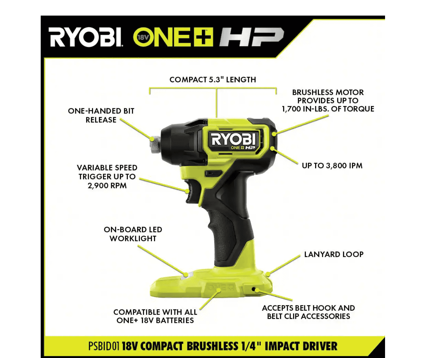 RYOBI PSBID01K-PSBCS02B ONE+ HP 18V Brushless Cordless Compact 1/4 in. Impact Driver and Cut-Off Tool, (2) 1.5 Ah Batteries, Charger, and Bag