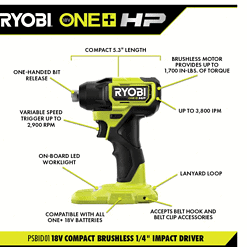 RYOBI PSBID01K-PSBRA02B ONE+ HP 18V Brushless Cordless Compact 1/4 in. Impact Driver and 3/8 in. Right Angle Drill with (2) Batteries, Charger