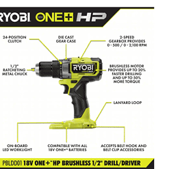 RYOBI PBLDD01K-A989504 ONE+ HP 18V Brushless Cordless 1/2 in. Drill/Driver Kit w/(2) Batteries, Charger, Bag, & Drill and Drive Kit (95-Piece)