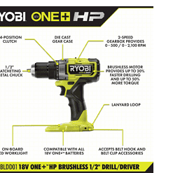 RYOBI PBLDD01K-A98401 ONE+ HP 18V Brushless Cordless 1/2 in. Drill/Driver Kit w/(2) Batteries, Charger, Bag, & Drill/Drive Kit (40-Piece)