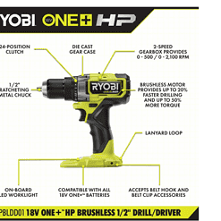 RYOBI PBLDD01K-A986501 ONE+ HP 18V Brushless Cordless 1/2 in. Drill/Driver Kit w/(2) Batteries, Charger, Bag, & Drill and Drive Kit (65-Piece)