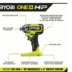 RYOBI PBLID01B-PSK005 ONE+ HP 18V Brushless Cordless 1/4 in. Impact Driver with 2.0 Ah Battery and Charger