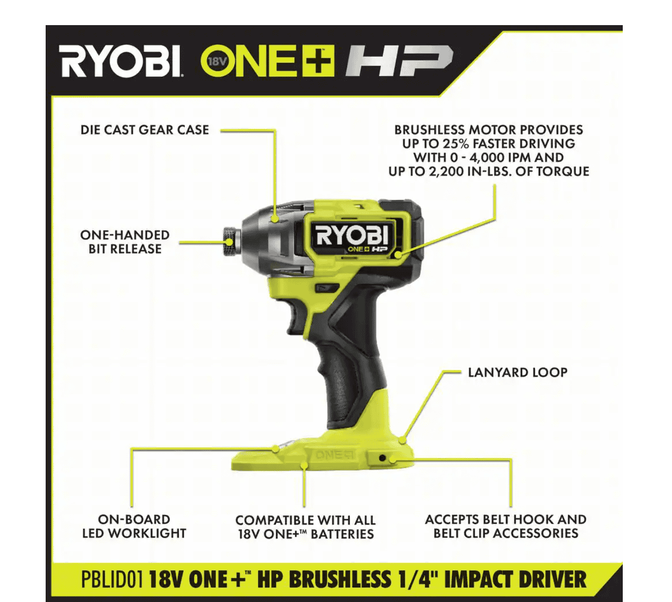 RYOBI PBLID01B-PSK005 ONE+ HP 18V Brushless Cordless 1/4 in. Impact Driver with 2.0 Ah Battery and Charger