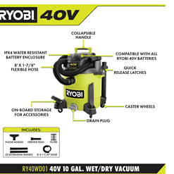 RYOBI RY40WD01B 40V 10 Gal. Cordless Wet/Dry Vacuum (Tool Only)