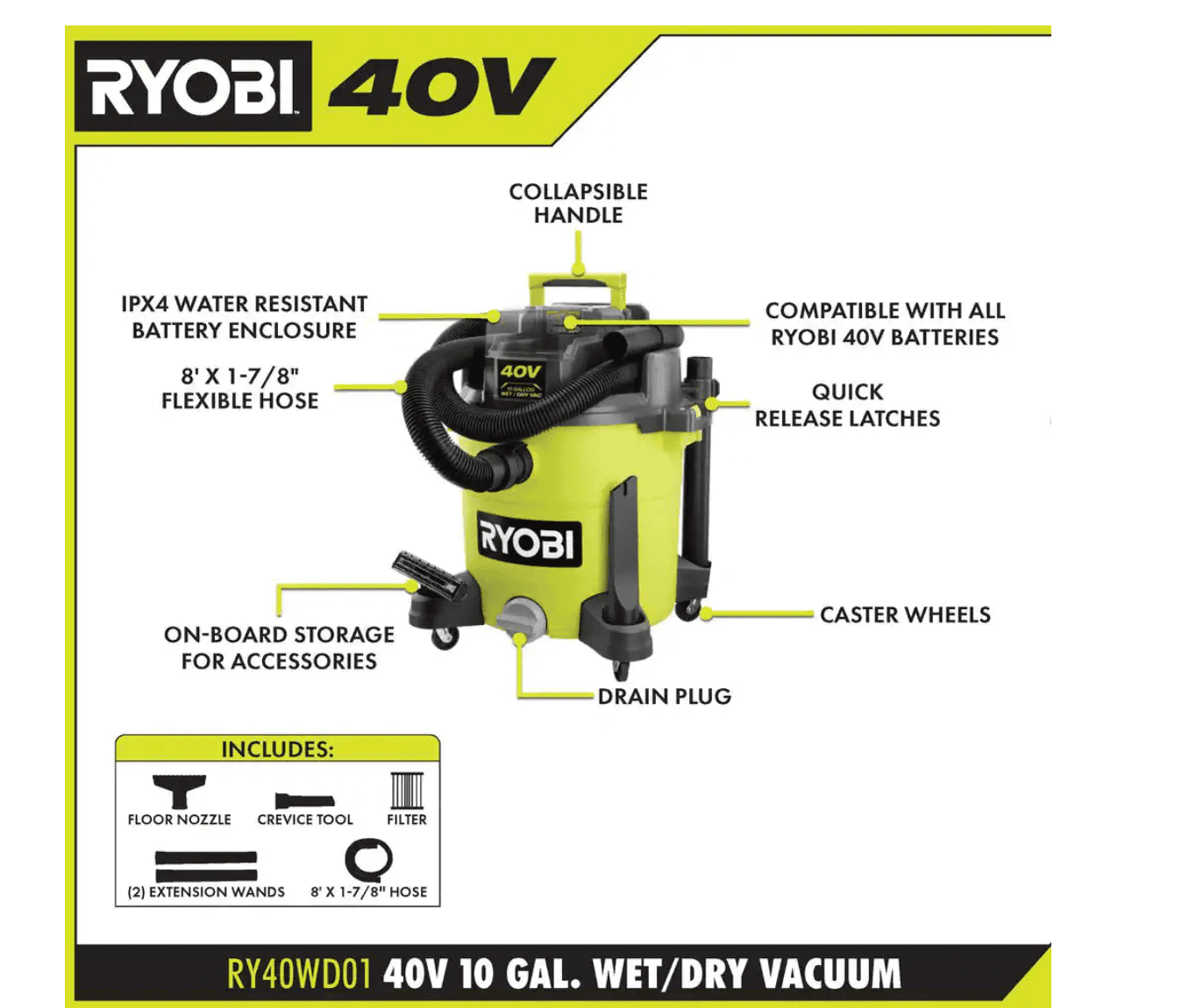 RYOBI RY40WD01B 40V 10 Gal. Cordless Wet/Dry Vacuum (Tool Only)