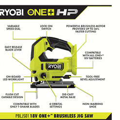 RYOBI Jig Saw PBLJS01K1 ONE+ HP 18V Brushless Cordless with 2.0 Ah HIGH PERFORMANCE Battery and Charger