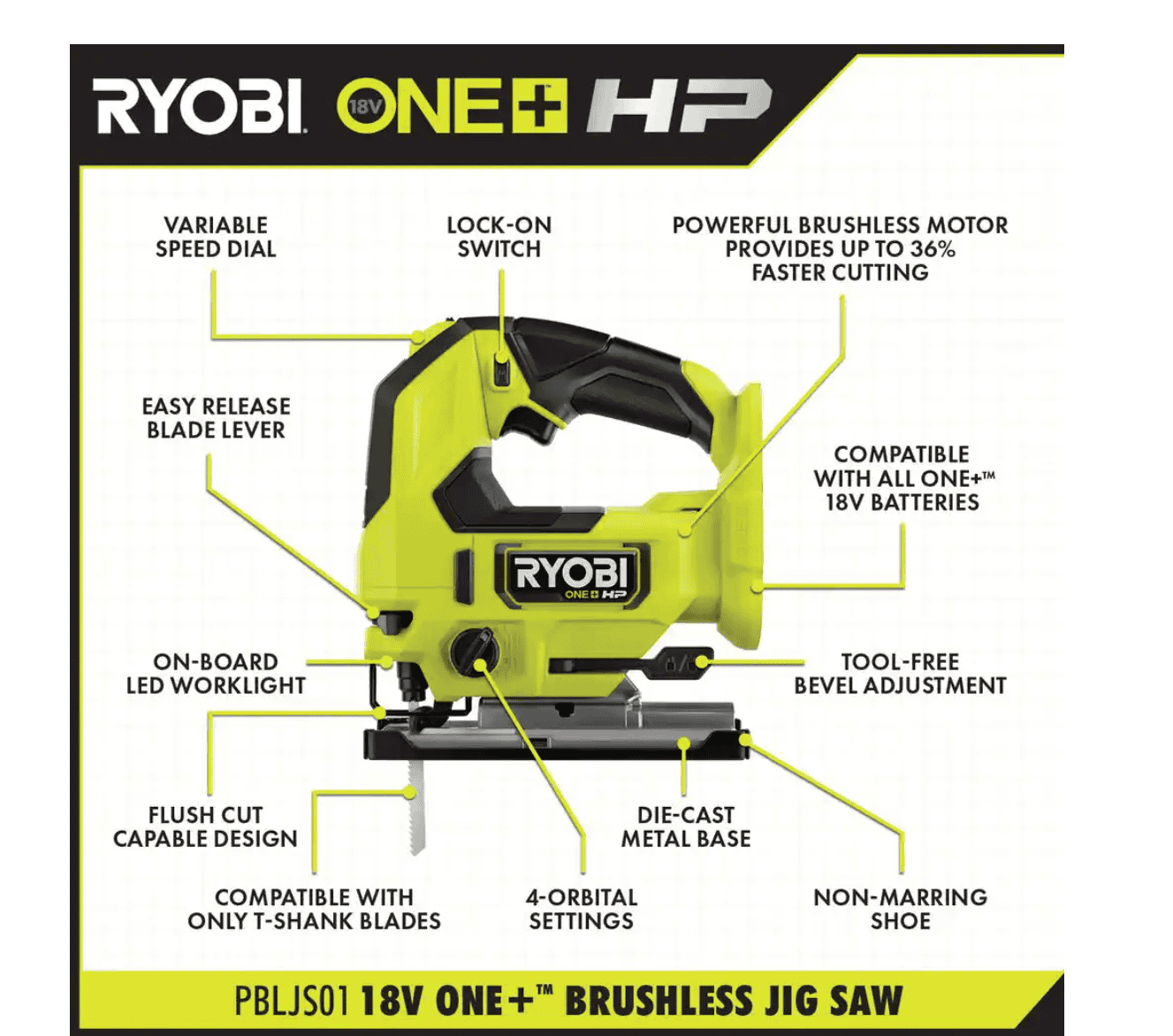 RYOBI Jig Saw PBLJS01K1 ONE+ HP 18V Brushless Cordless with 2.0 Ah HIGH PERFORMANCE Battery and Charger