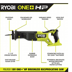 RYOBI Reciprocating Saw PBLRS01K1 ONE+ HP 18V Brushless Cordless with 4.0 Ah HIGH PERFORMANCE Battery and Charger