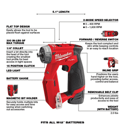 Milwaukee 2505-22-2364-20 M12 FUEL 12V Lithium-Ion Brushless Cordless 4-in-1 Installation 3/8 in. Drill Driver Kit W/ M12 Flood Light