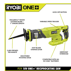 RYOBI P519-PSK005 ONE+ 18V Cordless Reciprocating Saw with 2.0 Ah Battery and Charger