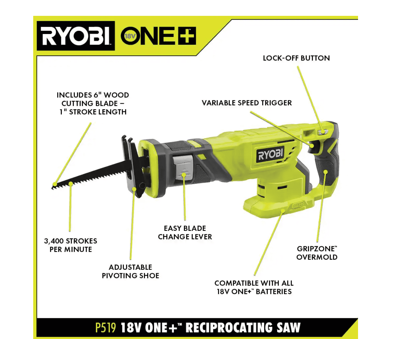 RYOBI P519-PSK005 ONE+ 18V Cordless Reciprocating Saw with 2.0 Ah Battery and Charger