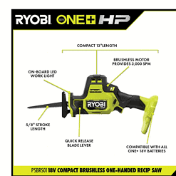 RYOBI PSBRS01B-PSBCS02B ONE+ HP 18V Brushless Cordless Compact 2-Tool Combo Kit with One-Handed Reciprocating Saw and Cut-Off Tool (Tools Only)