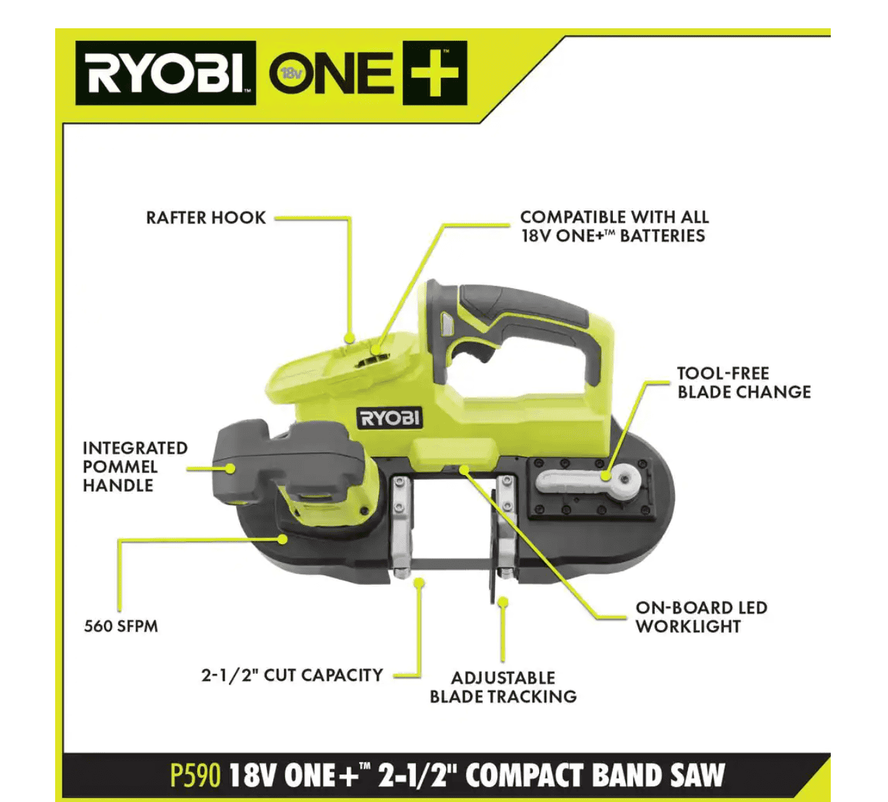 RYOBI Band Saw P590K1 ONE+ 18V Cordless 2-1/2 in. Compact with (1) 4.0 Ah Lithium-ion Battery and 18V Charger