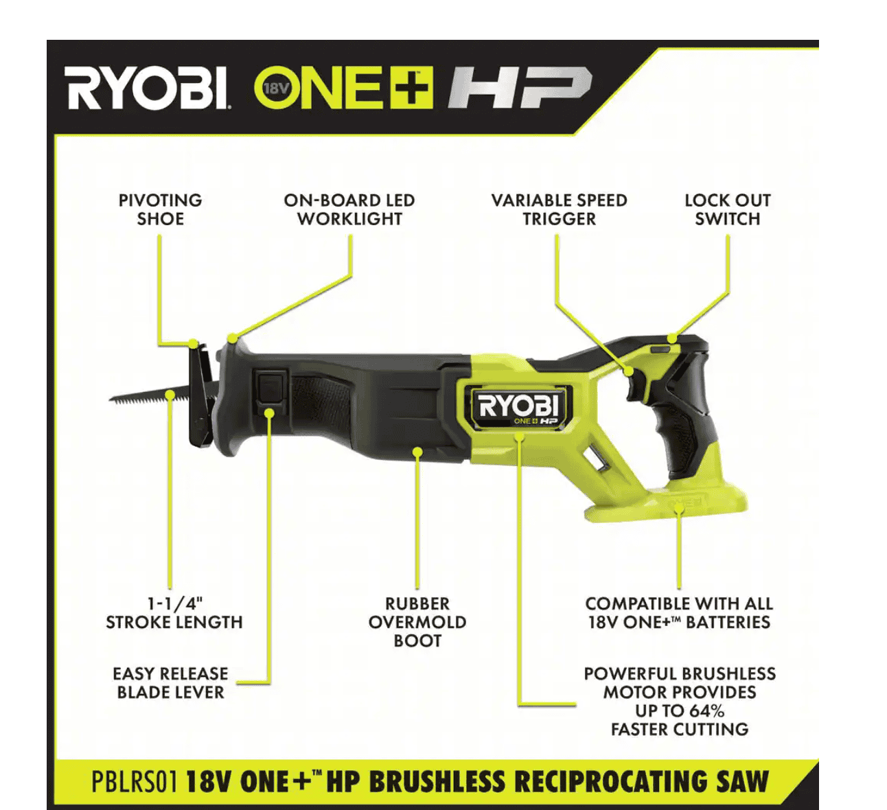 RYOBI PBLRS01K1-A233501 ONE+ HP 18V Brushless Cordless Reciprocating Saw Kit with 4.0Ah Battery, Charger & Reciprocating Saw Blade Set (35Piece)