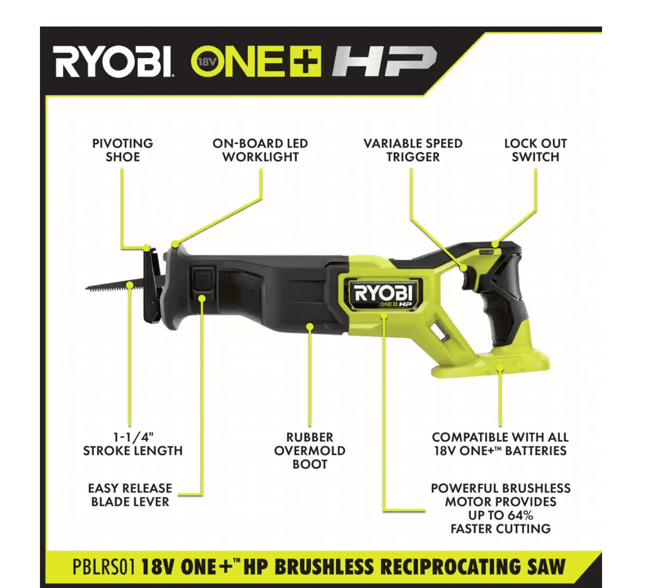 RYOBI PBLRS01B-A233501 ONE+ HP 18V Brushless Cordless Reciprocating Saw (Tool Only)