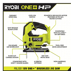 RYOBI Jig Saw PBLJS01B-PSK005 ONE+ HP 18V Brushless Cordless with 2.0 Ah Battery and Charger