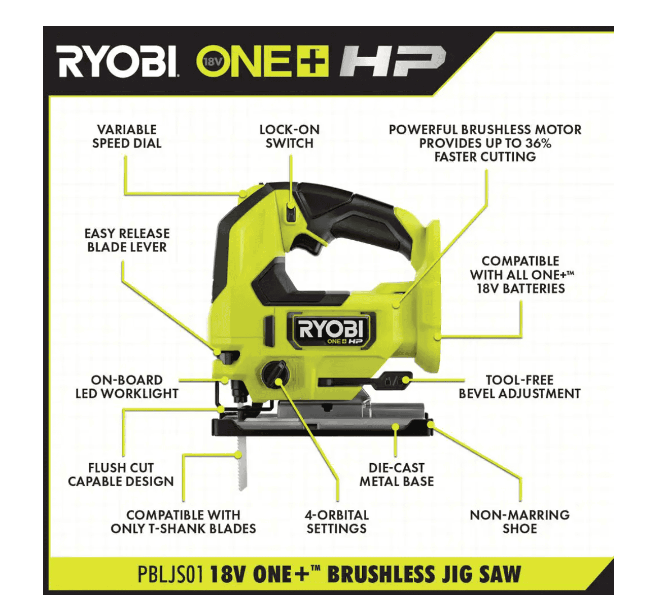 RYOBI Jig Saw PBLJS01B-PSK005 ONE+ HP 18V Brushless Cordless with 2.0 Ah Battery and Charger