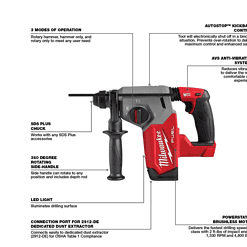 Milwaukee 2912-20 M18 FUEL 18V Lithium-Ion Brushless Cordless 1 in. SDS-Plus Rotary Hammer (Tool-Only)