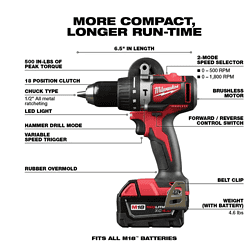 Milwaukee 2902-22 M18 18-Volt Lithium-Ion Brushless Cordless 1/2 in. Compact Hammer Drill/Driver Kit w/Two 4.0Ah Batteries and Hard Case
