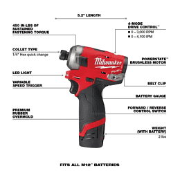 Milwaukee 2551-22-48-11-2420 M12 FUEL SURGE 12V Lithium-Ion Brushless Cordless 1/4 in. Hex Impact Driver Compact Kit with 2.0 Ah Battery