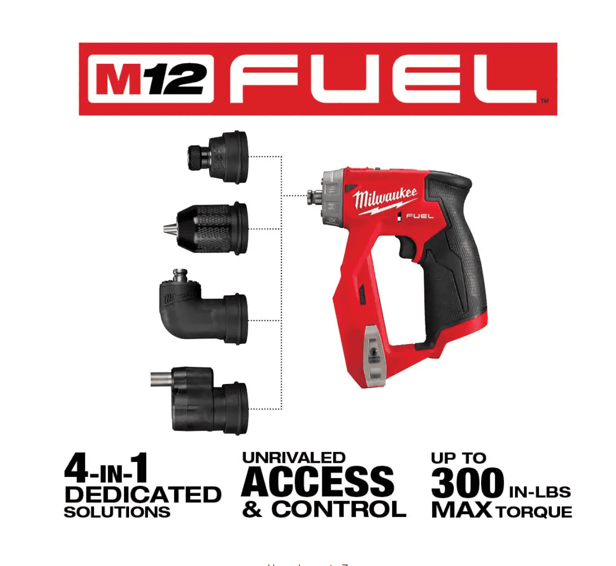 Milwaukee 2505-20 M12 FUEL 12-Volt Lithium-Ion Brushless Cordless 4-in-1 Installation 3/8 in. Drill Driver with 4 Tool Head (Tool-Only)
