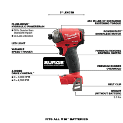 Milwaukee 2760-20-48-59-1835 M18 FUEL SURGE 18V Lithium-Ion Brushless Cordless 1/4 in. Hex Impact Driver with 3.0Ah Battery and Charger