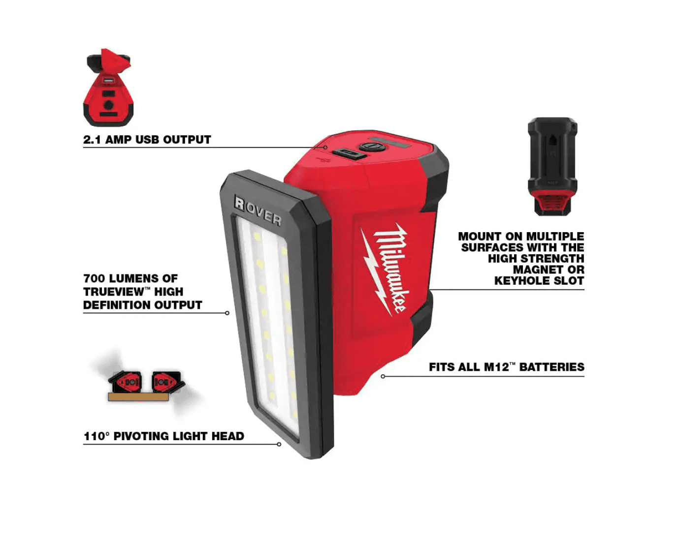 Milwaukee 2401-22-2367-20 M12 12-Volt Li-Ion Cordless 1/4 in. Hex Screwdriver Kit w/ M12 Service & Repair 700 Lumens Flood Light w/ USB Charging