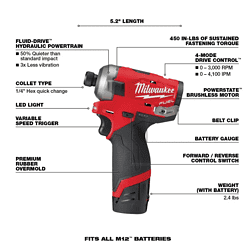 Milwaukee 2551-22-2364-20 M12 FUEL SURGE 12V Lithium-Ion Brushless Cordless 1/4 in. Hex Impact Driver Compact Kit with M12 Flood Light