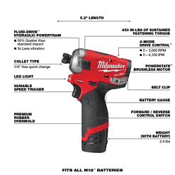 Milwaukee 2551-22-2505-20 M12 FUEL 12V Li-Ion Cordless SURGE 1/4 in. Hex Impact Driver and 4-in-1 Installation 3/8 in. Drill Driver Combo Kit