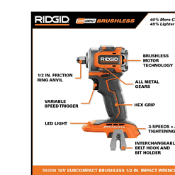 RIDGID R87208K 18V SubCompact Brushless Cordless 1/2 in. Impact Wrench Kit with 2.0 Ah Battery, 18V Charger, and Bag