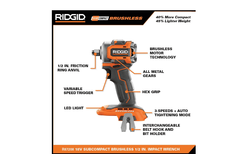 RIDGID R87208K 18V SubCompact Brushless Cordless 1/2 in. Impact Wrench Kit with 2.0 Ah Battery, 18V Charger, and Bag