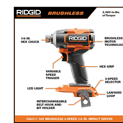 RIDGID R862311B 18-Volt Brushless Cordless 3-Speed 1/4 in. Impact Driver (Tool Only)