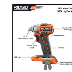 RIDGID R8723K 18V SubCompact Brushless Cordless Impact Driver Kit with (1) 2.0 Ah Battery, Charger, and Bag