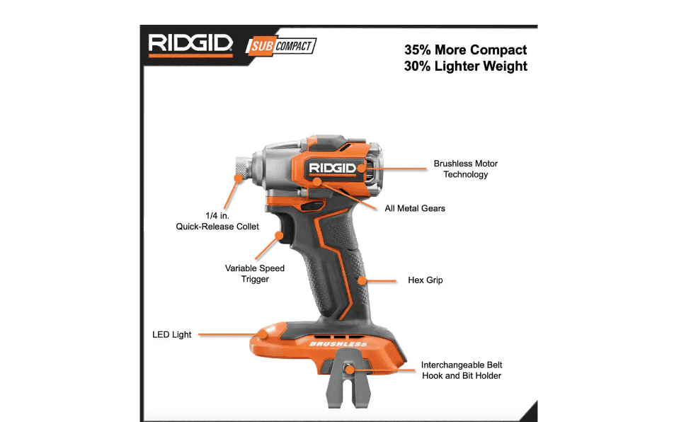 RIDGID R8723K 18V SubCompact Brushless Cordless Impact Driver Kit with (1) 2.0 Ah Battery, Charger, and Bag