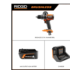 RIDGID R86115K 18V Brushless Cordless 1/2 in. Hammer Drill/Driver Kit with 4.0 Ah MAX Output Battery, 18V Charger, and Tool Bag