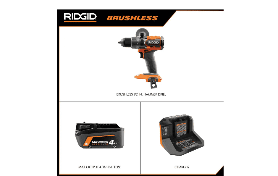 RIDGID R86115K 18V Brushless Cordless 1/2 in. Hammer Drill/Driver Kit with 4.0 Ah MAX Output Battery, 18V Charger, and Tool Bag