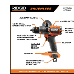 RIDGID R86115B 18V Brushless Cordless 1/2 in. Hammer Drill/Driver (Tool Only)