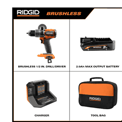 RIDGID R86114KN 18V Brushless Cordless 1/2 in. Drill/Driver Kit with 2.0 Ah MAX Output Battery and 18V Charger