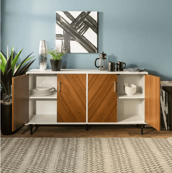Walker Edison Furniture Company Hampton 58 in. Solid White and Teak Bookmatch Buffet Stand