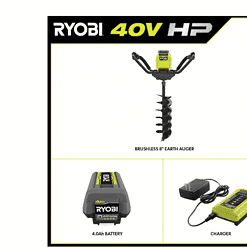 RYOBI RY40710VNM 40V HP Brushless Cordless Earth Auger with 8 in. Bit with 4.0 Ah Battery and Charger
