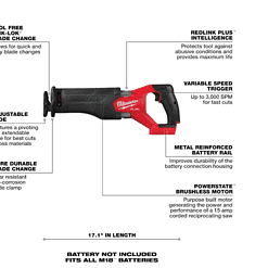 Milwaukee 2821-20 M18 FUEL GEN-2 18V Lithium-Ion Brushless Cordless SAWZALL Reciprocating Saw (Tool-Only)