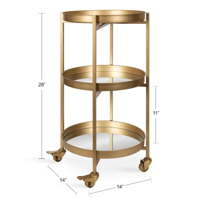 Kate and Laurel Celia Modern Glam 3-Tier Metal Bar Cart,13.75-in x 28-in, Gold, Decorative Round Serving Cart with Lockable Wheels - Image 3