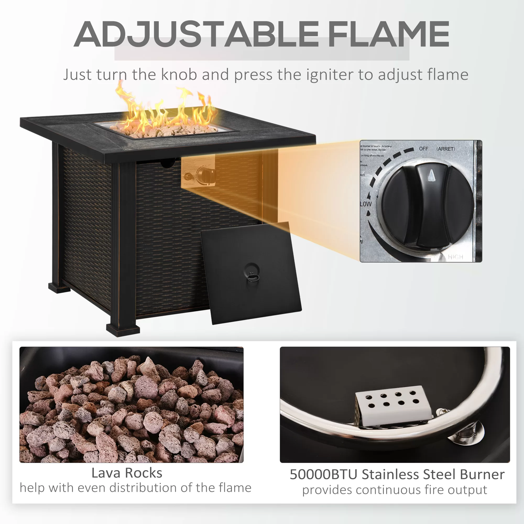 Outsunny 30 Inch Outdoor Propane Gas Fire Pit Table, 50,000 BTU Auto-Ignition Square Wicker-effect Gas Firepit, CSA Certification