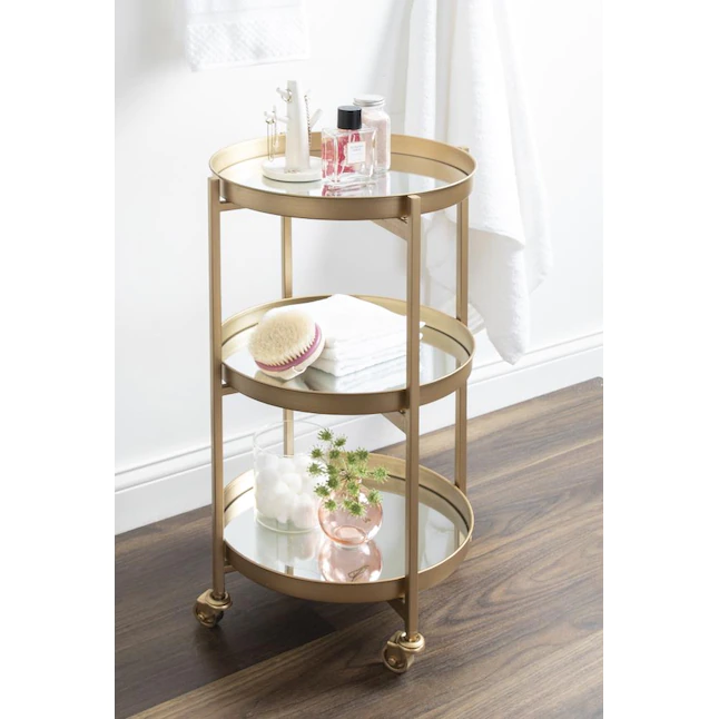 Kate and Laurel Celia Modern Glam 3-Tier Metal Bar Cart,13.75-in x 28-in, Gold, Decorative Round Serving Cart with Lockable Wheels - Image 2