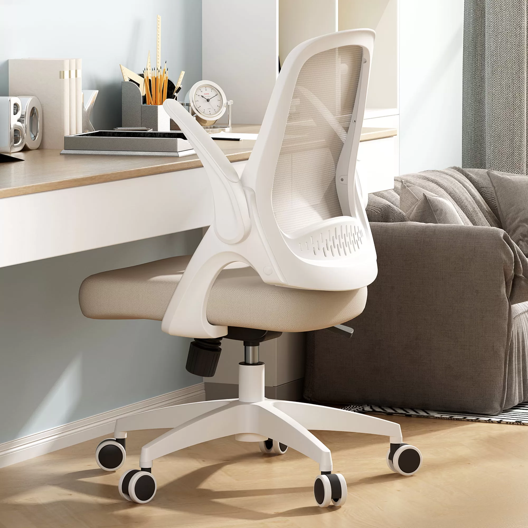 Hbada Office Task Desk Chair Swivel Home Comfort Chairs with Flip-up Arms and Adjustable Height, grey