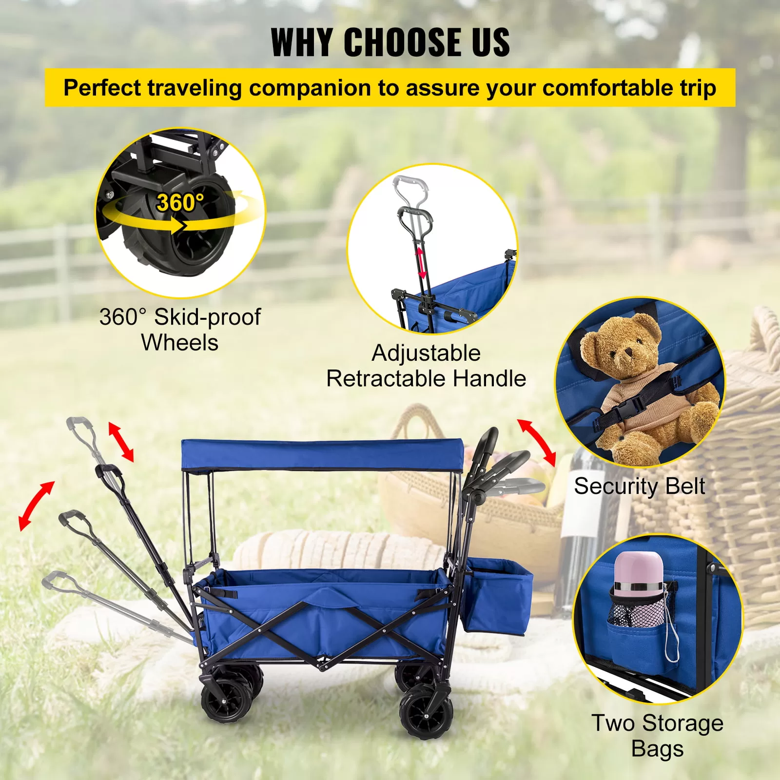 VEVORbrand Collapsible Wagon Cart Blue, Removable Canopy 600D Oxford Cloth, Portable Folding Wagon Adjustable Handles
