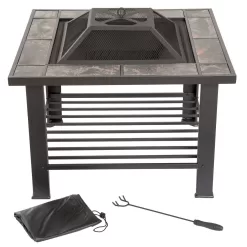 Fire Pit Table – 30-Inch Square Wood Burning Bonfire Pit with Marble Tile Edge, Spark Screen, Tile Fire Bowl Cover, Log Poker by Pure Garden (Black)