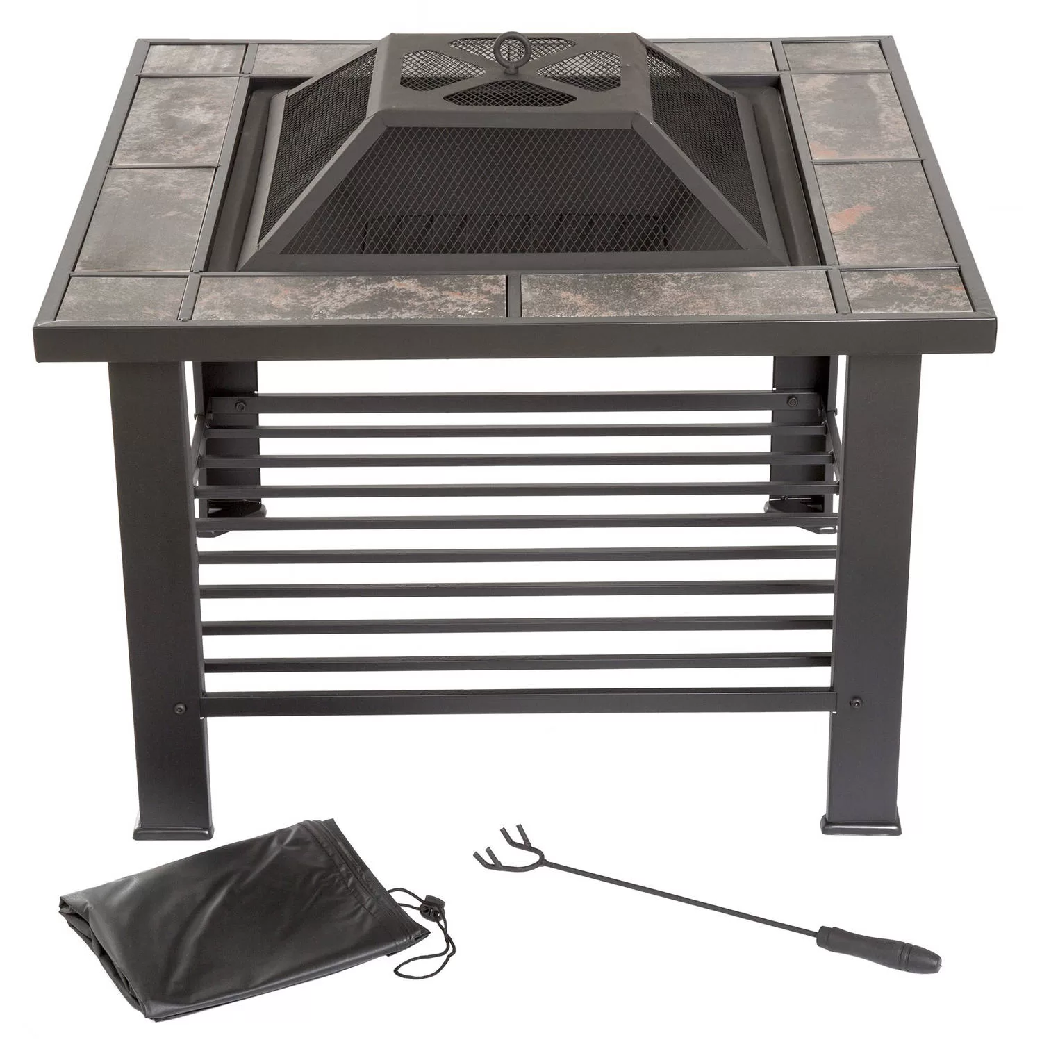 Fire Pit Table – 30-Inch Square Wood Burning Bonfire Pit with Marble Tile Edge, Spark Screen, Tile Fire Bowl Cover, Log Poker by Pure Garden (Black)