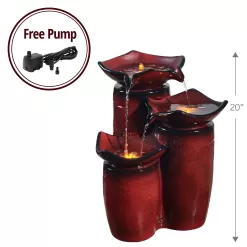 Teamson Home Outdoor 3-Tier Glazed Pot Floor Fountain with LED Lights, Red