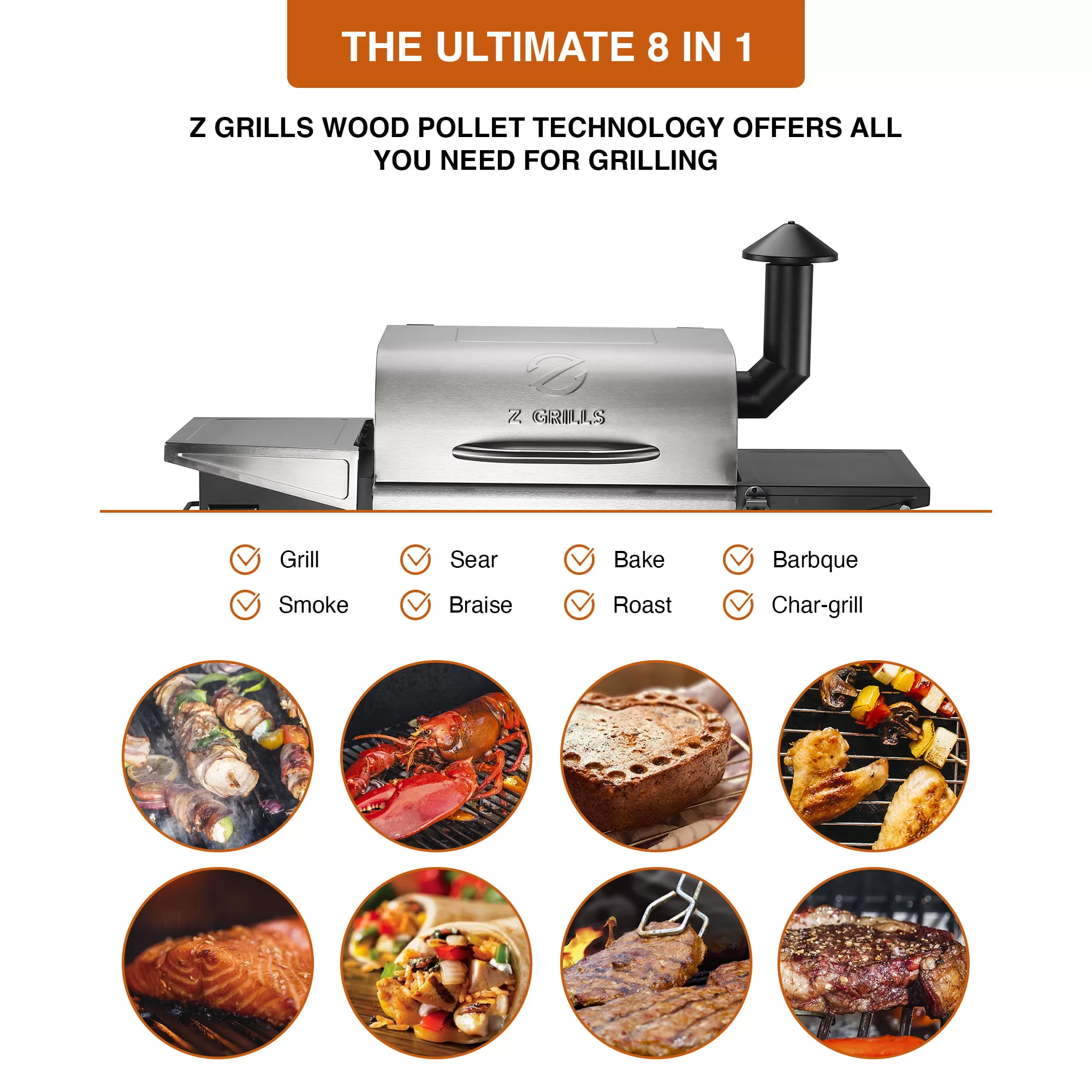 Z GRILLS ZPG-600D3E 573 sq. in. Wood Pellet Grill and Smoker 8-in-1 BBQ Stainless Steel